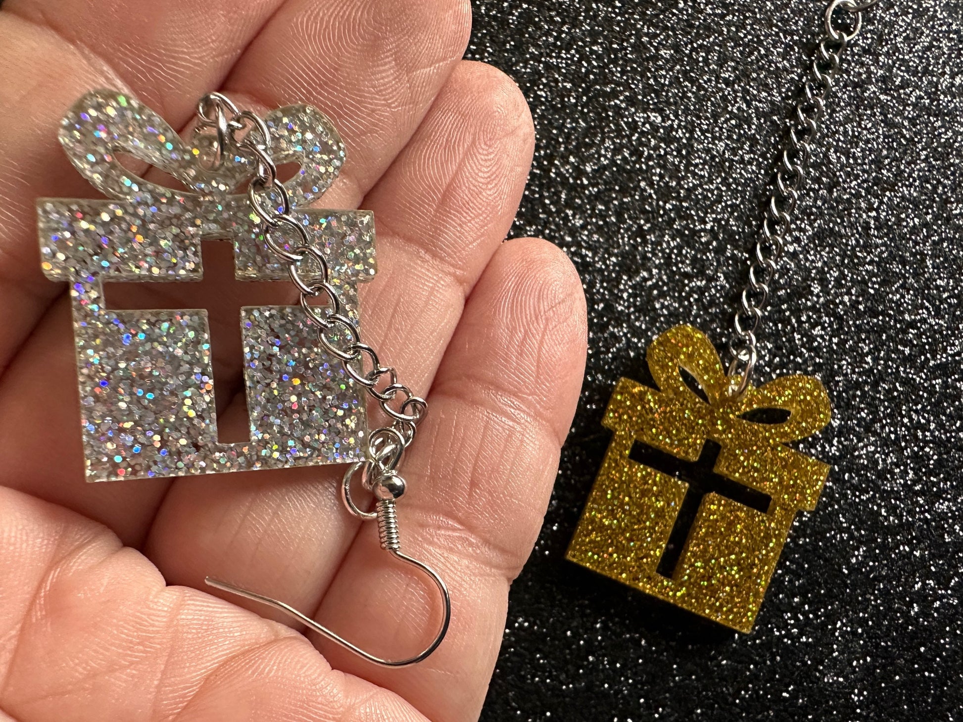 Glittery Christmas Present Earrings: Laser Cut Acrylic Presents, Xmas, X-mas, Gift, Present with Bow, Birthday, Gifts for Her/Him/Them