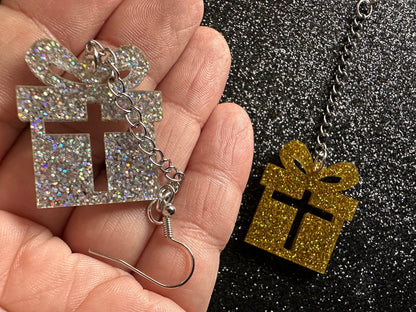 Glittery Christmas Present Earrings: Laser Cut Acrylic Presents, Xmas, X-mas, Gift, Present with Bow, Birthday, Gifts for Her/Him/Them