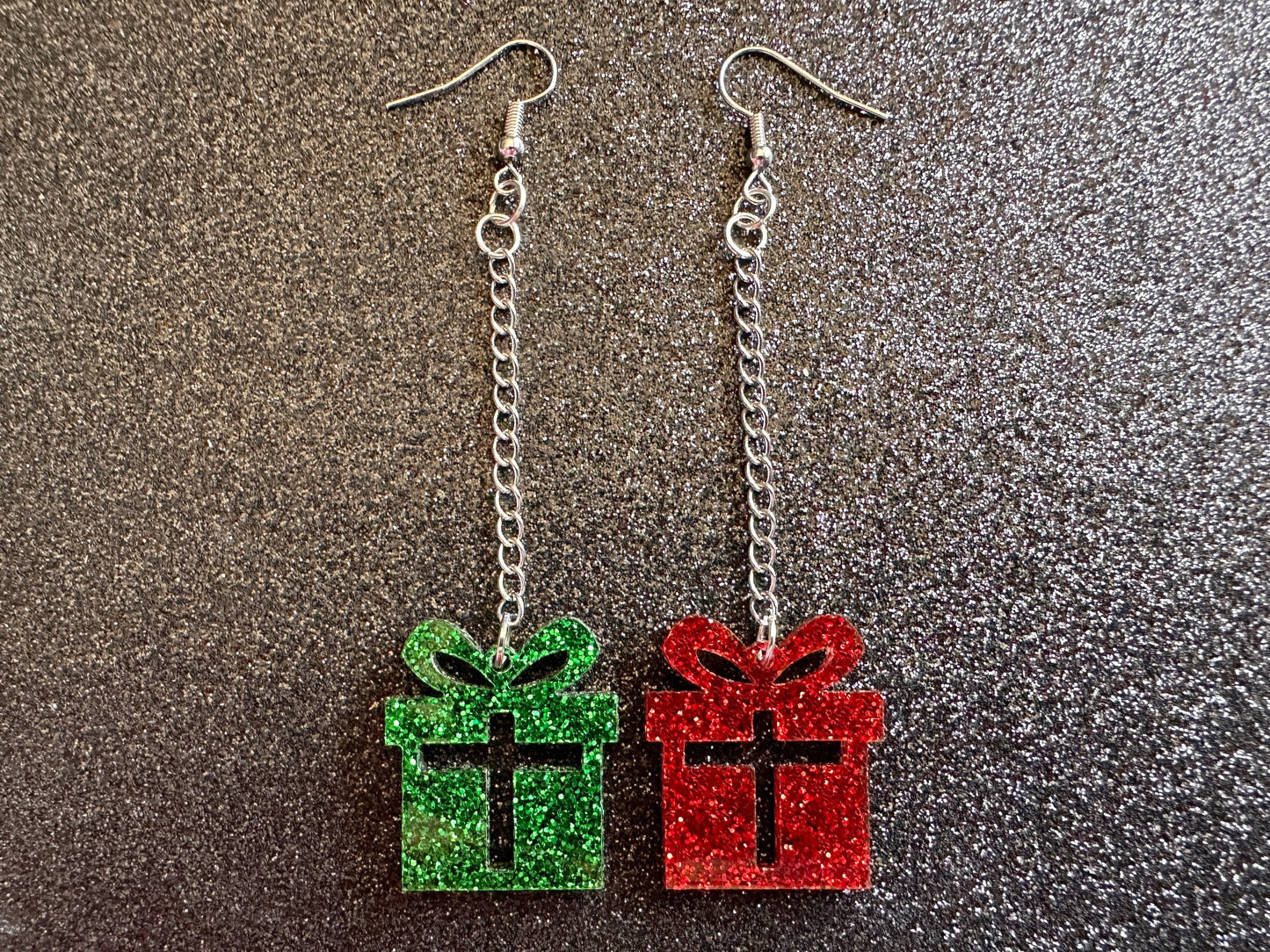 Glittery Christmas Present Earrings: Laser Cut Acrylic Presents, Xmas, X-mas, Gift, Present with Bow, Birthday, Gifts for Her/Him/Them