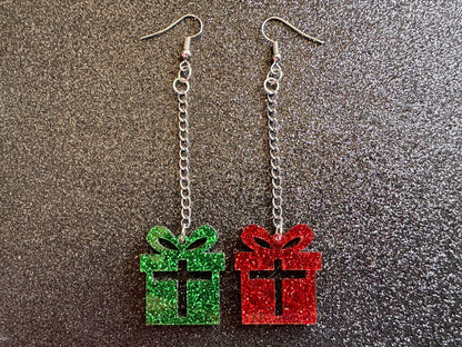 Glittery Christmas Present Earrings: Laser Cut Acrylic Presents, Xmas, X-mas, Gift, Present with Bow, Birthday, Gifts for Her/Him/Them