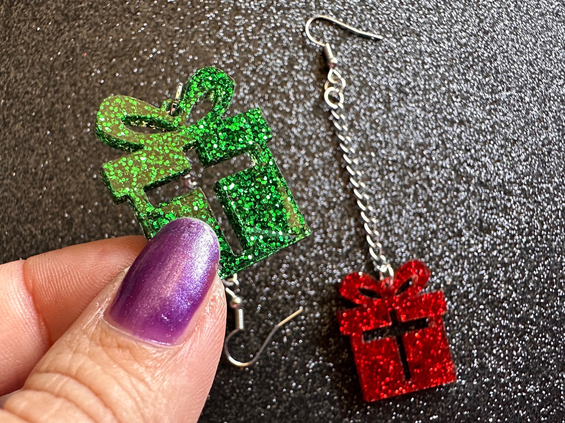 Glittery Christmas Present Earrings: Laser Cut Acrylic Presents, Xmas, X-mas, Gift, Present with Bow, Birthday, Gifts for Her/Him/Them