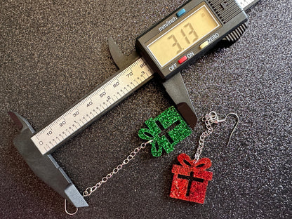 Glittery Christmas Present Earrings: Laser Cut Acrylic Presents, Xmas, X-mas, Gift, Present with Bow, Birthday, Gifts for Her/Him/Them