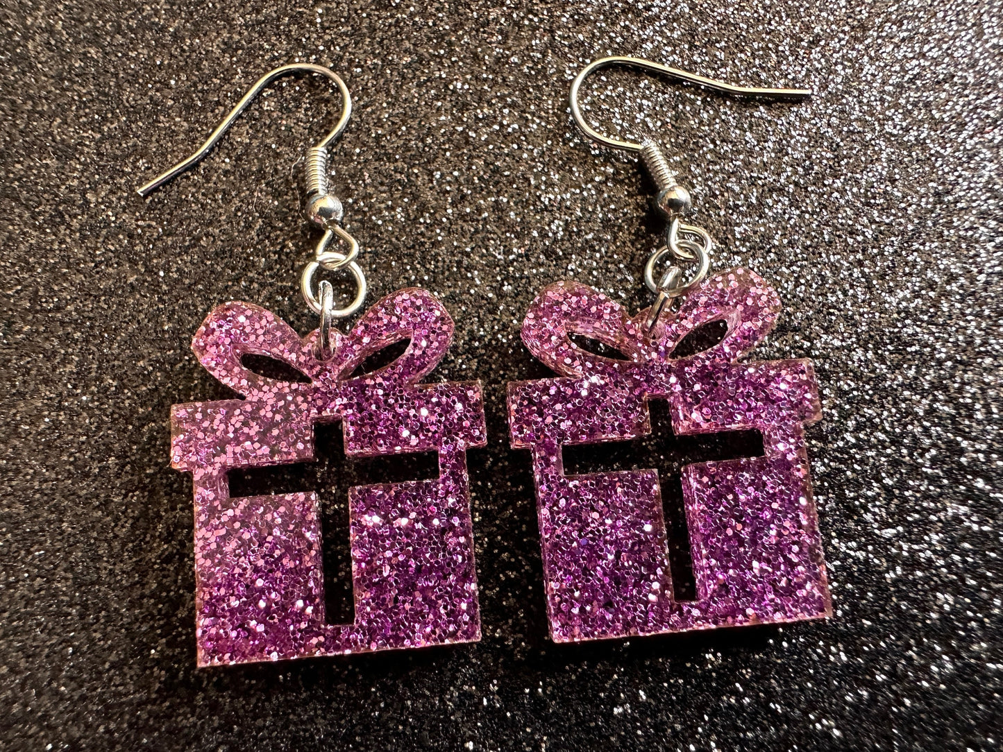 Glittery Christmas Present Earrings: Laser Cut Acrylic Presents, Xmas, X-mas, Purple Gift, Present, Bow, Birthday, Gifts for Her/Him/Them
