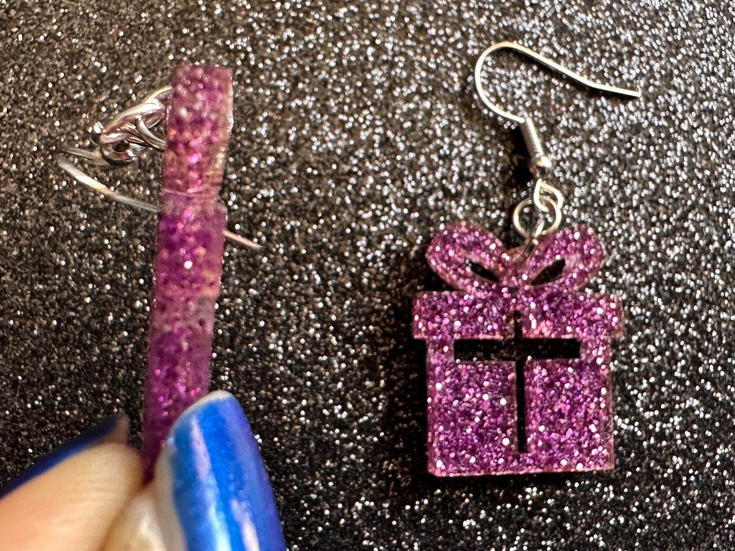 Glittery Christmas Present Earrings: Laser Cut Acrylic Presents, Xmas, X-mas, Purple Gift, Present, Bow, Birthday, Gifts for Her/Him/Them