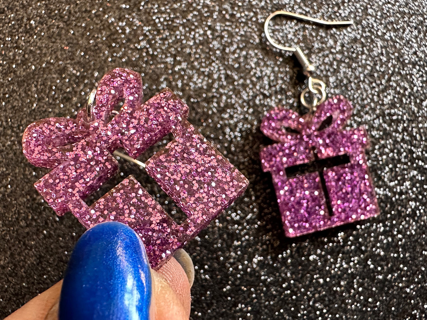 Glittery Christmas Present Earrings: Laser Cut Acrylic Presents, Xmas, X-mas, Purple Gift, Present, Bow, Birthday, Gifts for Her/Him/Them