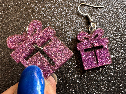 Glittery Christmas Present Earrings: Laser Cut Acrylic Presents, Xmas, X-mas, Purple Gift, Present, Bow, Birthday, Gifts for Her/Him/Them