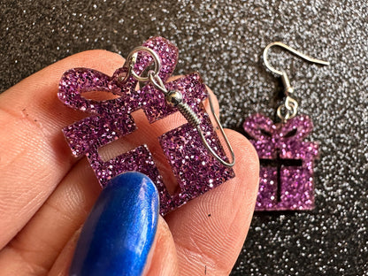 Glittery Christmas Present Earrings: Laser Cut Acrylic Presents, Xmas, X-mas, Purple Gift, Present, Bow, Birthday, Gifts for Her/Him/Them