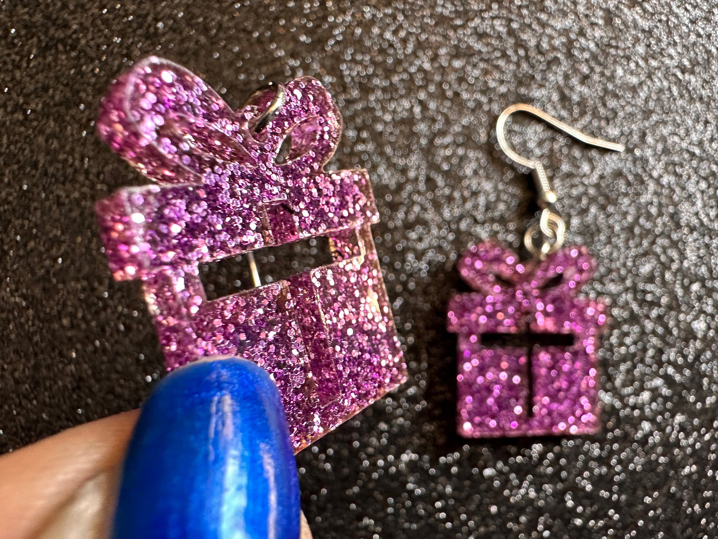 Glittery Christmas Present Earrings: Laser Cut Acrylic Presents, Xmas, X-mas, Purple Gift, Present, Bow, Birthday, Gifts for Her/Him/Them