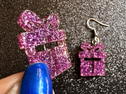 Glittery Christmas Present Earrings: Laser Cut Acrylic Presents, Xmas, X-mas, Purple Gift, Present, Bow, Birthday, Gifts for Her/Him/Them