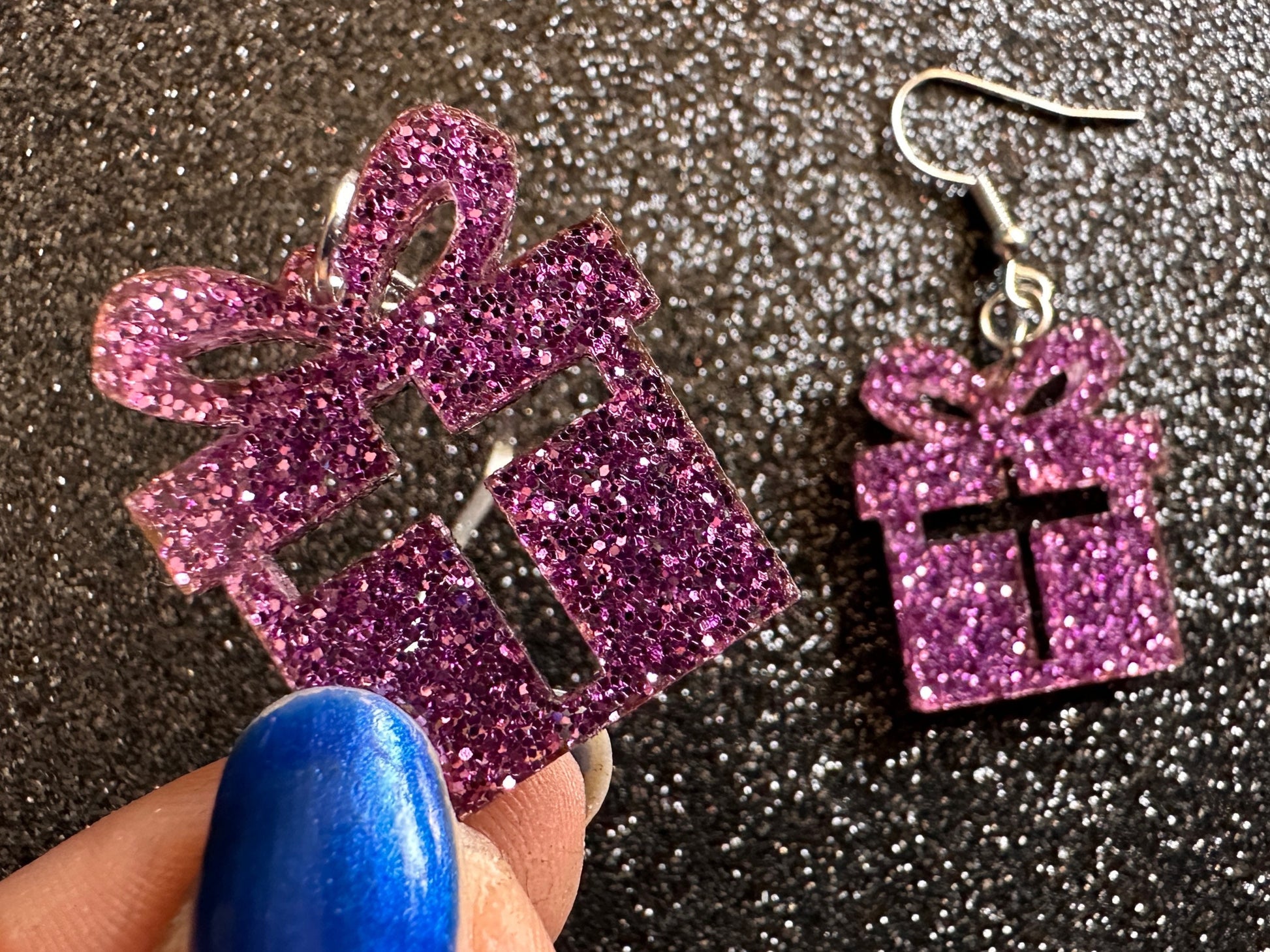 Glittery Christmas Present Earrings: Laser Cut Acrylic Presents, Xmas, X-mas, Purple Gift, Present, Bow, Birthday, Gifts for Her/Him/Them