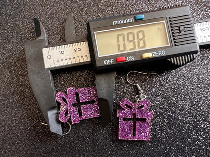 Glittery Christmas Present Earrings: Laser Cut Acrylic Presents, Xmas, X-mas, Purple Gift, Present, Bow, Birthday, Gifts for Her/Him/Them