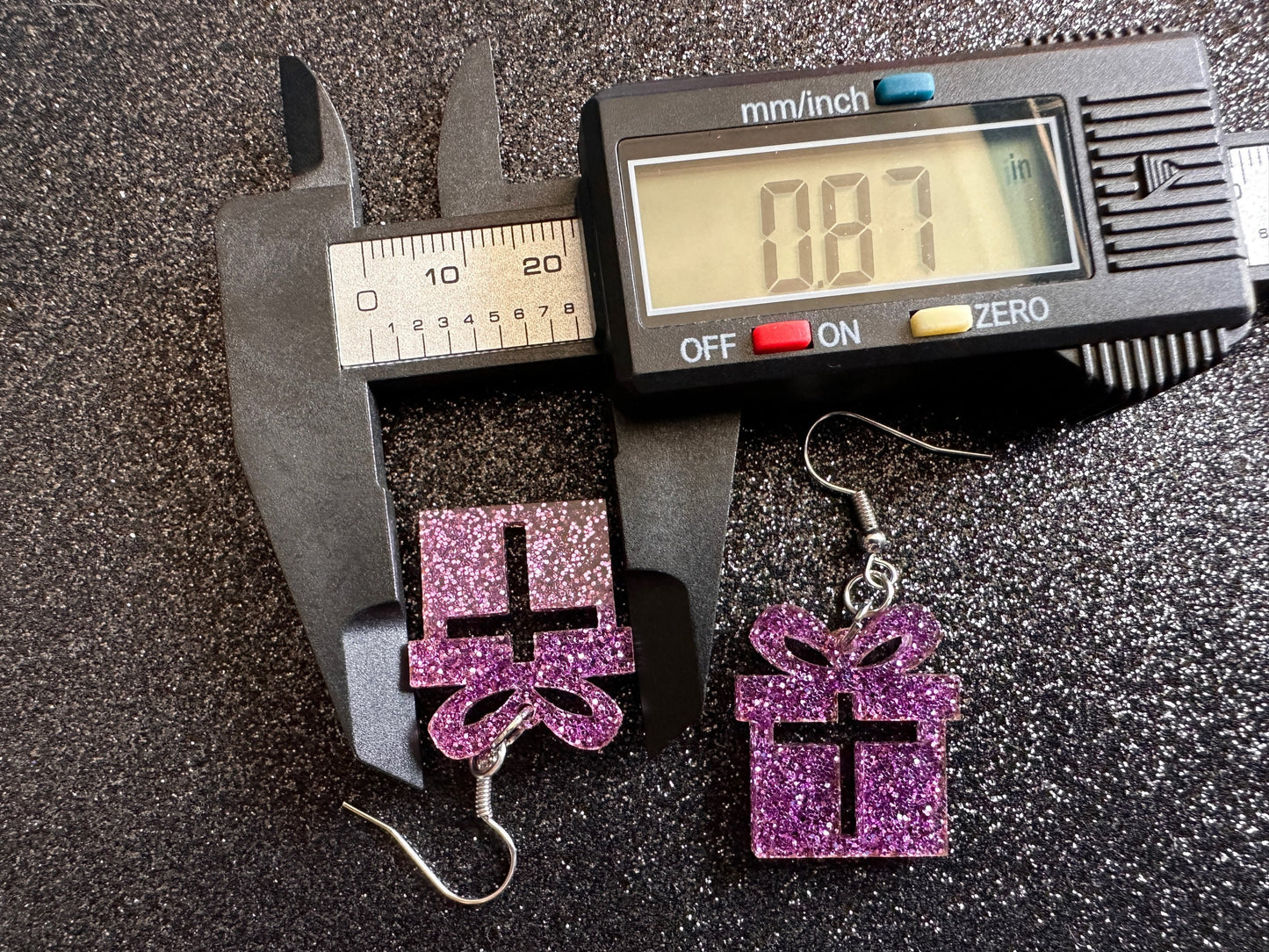 Glittery Christmas Present Earrings: Laser Cut Acrylic Presents, Xmas, X-mas, Purple Gift, Present, Bow, Birthday, Gifts for Her/Him/Them