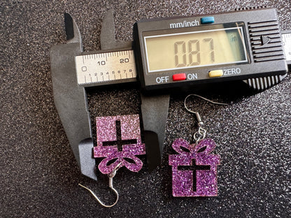 Glittery Christmas Present Earrings: Laser Cut Acrylic Presents, Xmas, X-mas, Purple Gift, Present, Bow, Birthday, Gifts for Her/Him/Them