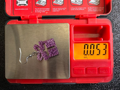 Glittery Christmas Present Earrings: Laser Cut Acrylic Presents, Xmas, X-mas, Purple Gift, Present, Bow, Birthday, Gifts for Her/Him/Them