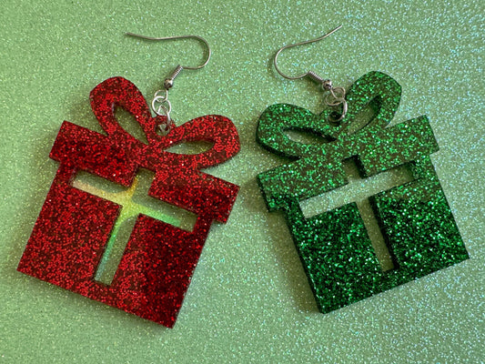 Glittery Christmas Present Earrings: Laser Cut Acrylic Presents, Xmas, X-mas, Sparkly Shiny Gift, Birthday, Gifts for Her/Him/Them