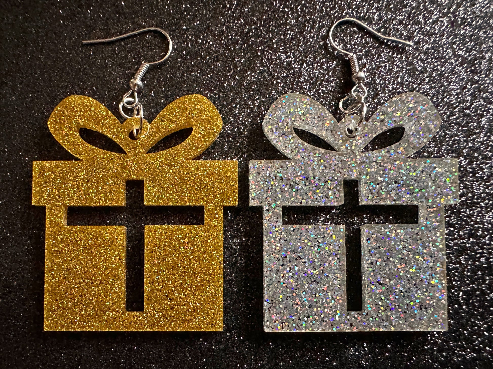 Glittery Christmas Present Earrings: Laser Cut Acrylic Presents, Xmas, X-mas, Sparkly Shiny Gift, Birthday, Gifts for Her/Him/Them