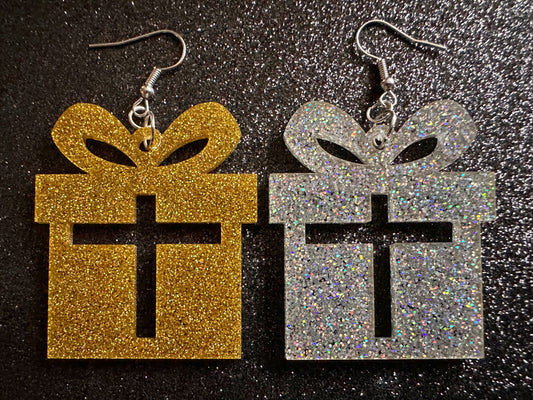 Glittery Christmas Present Earrings: Laser Cut Acrylic Presents, Xmas, X-mas, Sparkly Shiny Gift, Birthday, Gifts for Her/Him/Them