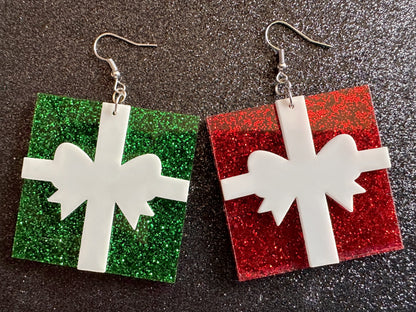 Glittery Christmas Present Earrings: Laser Cut Acrylic Presents, Xmas, X-mas, Sparkly Shiny Gift, Birthday, Gifts for Her/Him/Them