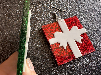 Glittery Christmas Present Earrings: Laser Cut Acrylic Presents, Xmas, X-mas, Sparkly Shiny Gift, Birthday, Gifts for Her/Him/Them