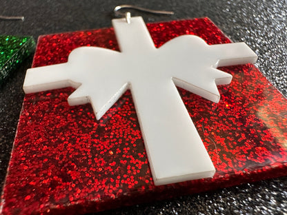 Glittery Christmas Present Earrings: Laser Cut Acrylic Presents, Xmas, X-mas, Sparkly Shiny Gift, Birthday, Gifts for Her/Him/Them