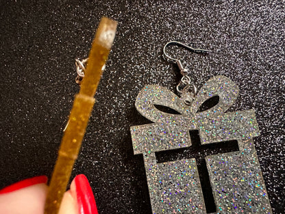 Glittery Christmas Present Earrings: Laser Cut Acrylic Presents, Xmas, X-mas, Sparkly Shiny Gift, Birthday, Gifts for Her/Him/Them