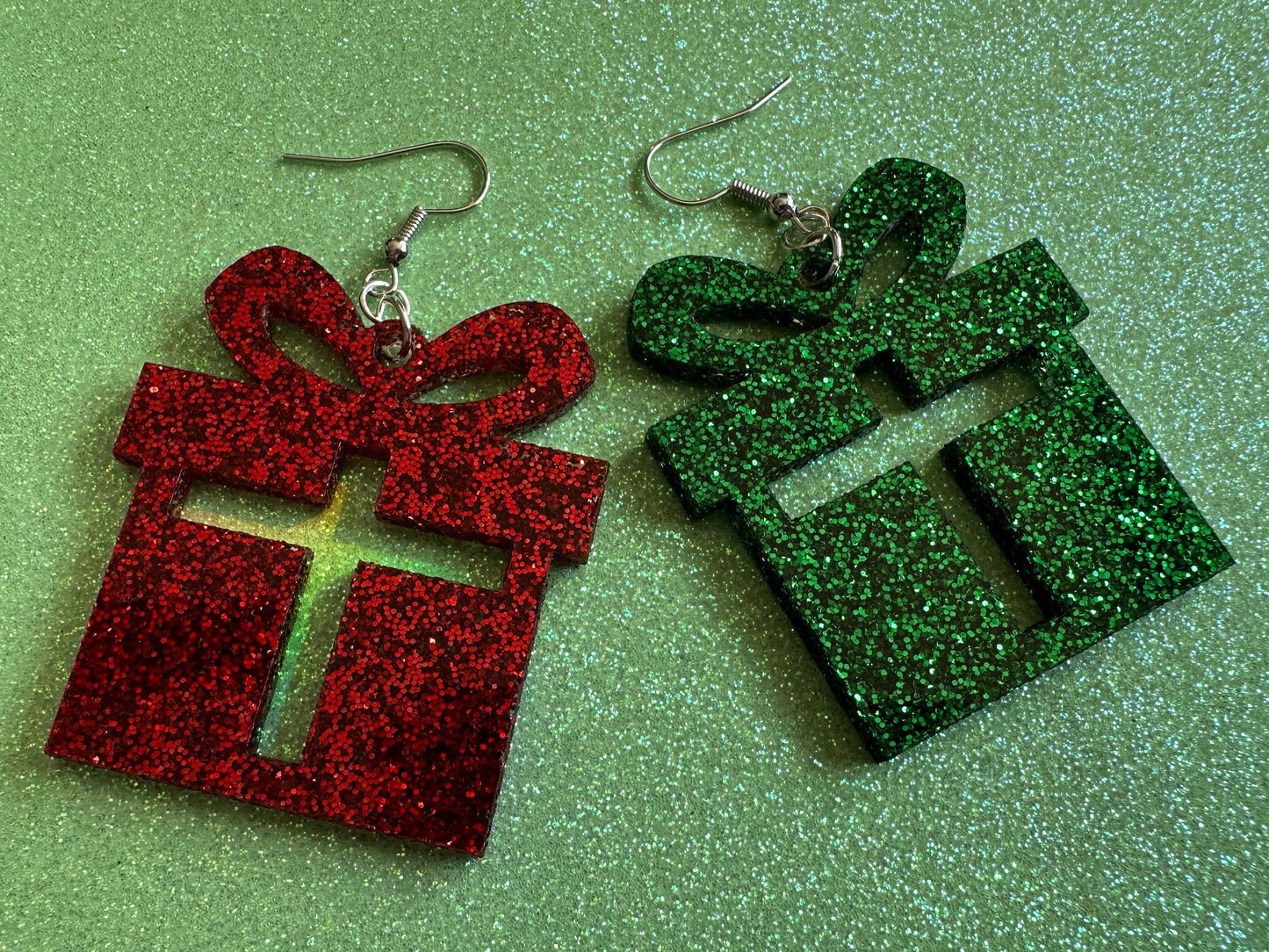 Glittery Christmas Present Earrings: Laser Cut Acrylic Presents, Xmas, X-mas, Sparkly Shiny Gift, Birthday, Gifts for Her/Him/Them