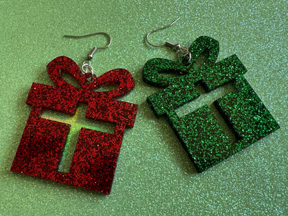 Glittery Christmas Present Earrings: Laser Cut Acrylic Presents, Xmas, X-mas, Sparkly Shiny Gift, Birthday, Gifts for Her/Him/Them