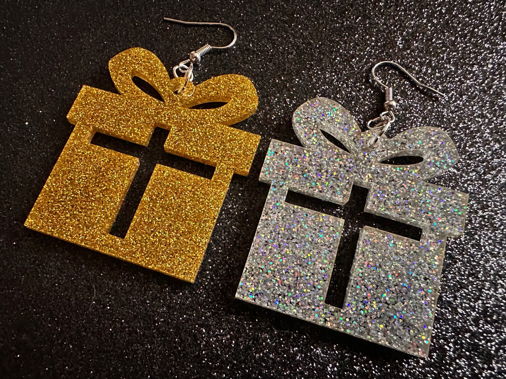 Glittery Christmas Present Earrings: Laser Cut Acrylic Presents, Xmas, X-mas, Sparkly Shiny Gift, Birthday, Gifts for Her/Him/Them