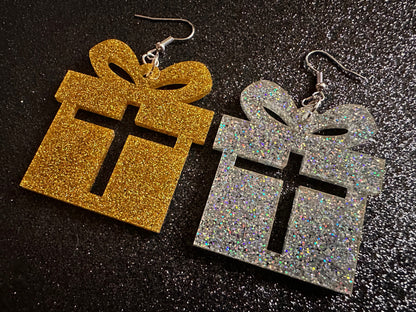 Glittery Christmas Present Earrings: Laser Cut Acrylic Presents, Xmas, X-mas, Sparkly Shiny Gift, Birthday, Gifts for Her/Him/Them