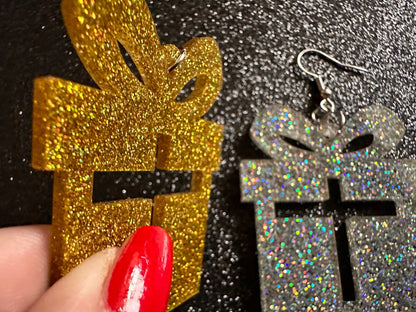 Glittery Christmas Present Earrings: Laser Cut Acrylic Presents, Xmas, X-mas, Sparkly Shiny Gift, Birthday, Gifts for Her/Him/Them