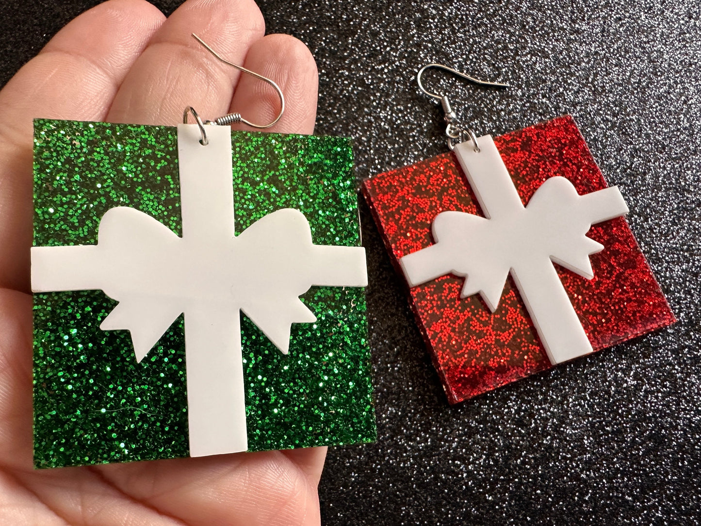 Glittery Christmas Present Earrings: Laser Cut Acrylic Presents, Xmas, X-mas, Sparkly Shiny Gift, Birthday, Gifts for Her/Him/Them