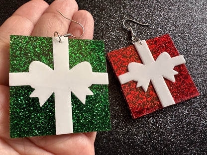 Glittery Christmas Present Earrings: Laser Cut Acrylic Presents, Xmas, X-mas, Sparkly Shiny Gift, Birthday, Gifts for Her/Him/Them