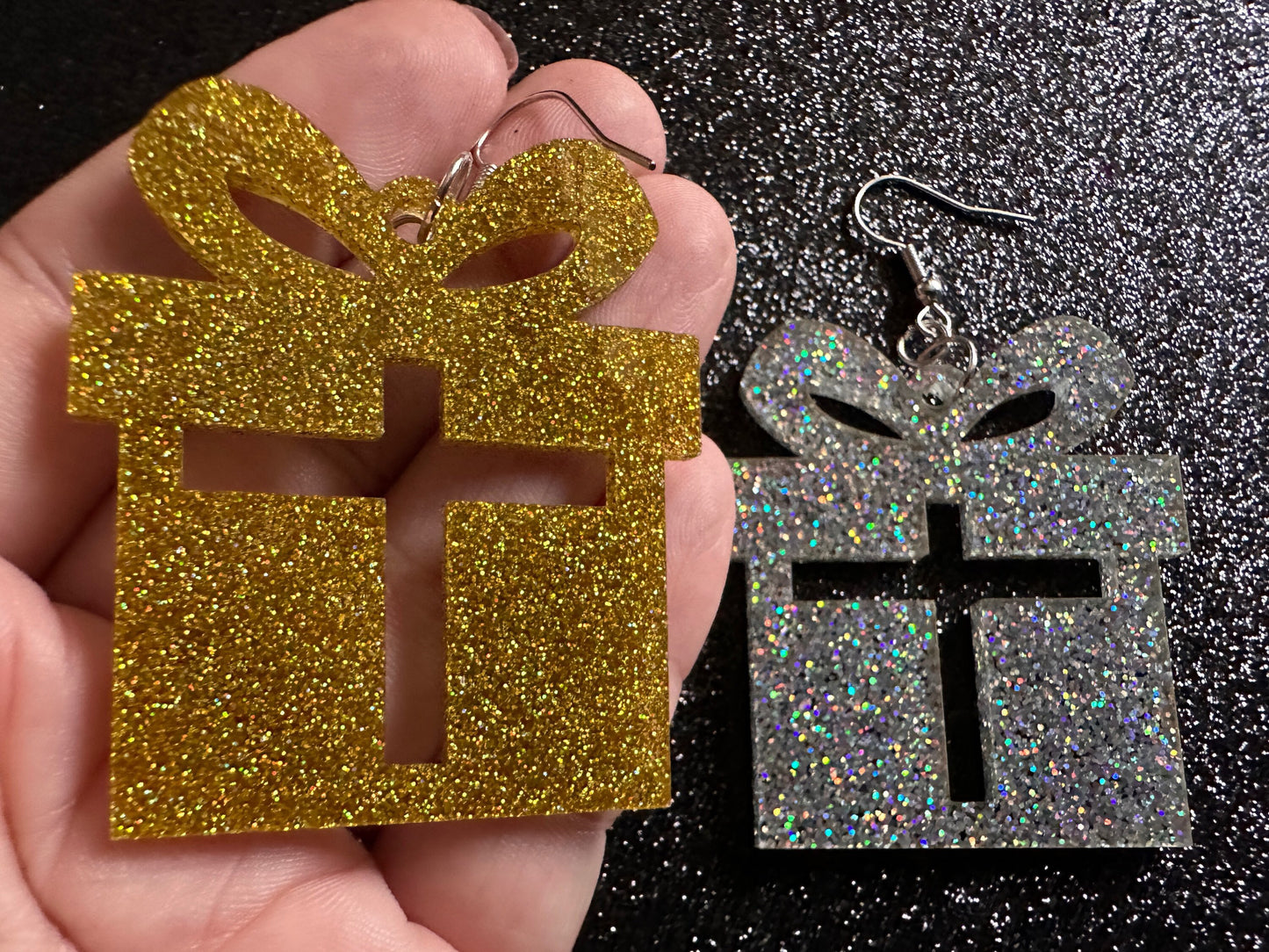 Glittery Christmas Present Earrings: Laser Cut Acrylic Presents, Xmas, X-mas, Sparkly Shiny Gift, Birthday, Gifts for Her/Him/Them