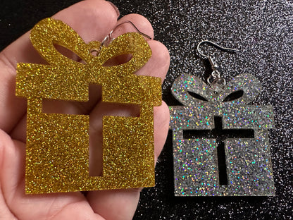 Glittery Christmas Present Earrings: Laser Cut Acrylic Presents, Xmas, X-mas, Sparkly Shiny Gift, Birthday, Gifts for Her/Him/Them