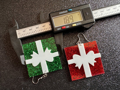 Glittery Christmas Present Earrings: Laser Cut Acrylic Presents, Xmas, X-mas, Sparkly Shiny Gift, Birthday, Gifts for Her/Him/Them