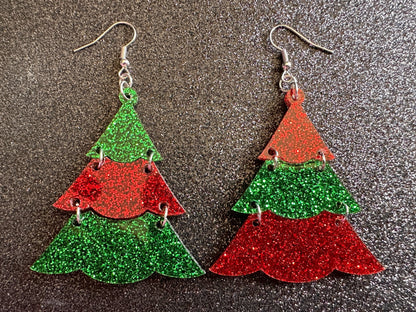 Glittery Christmas Tree Earrings: Laser Cut Acrylic Trees, Green Earrings, Xmas, Winter, Best Gifts for Her/Him/Them