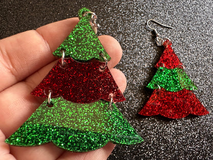 Glittery Christmas Tree Earrings: Laser Cut Acrylic Trees, Green Earrings, Xmas, Winter, Best Gifts for Her/Him/Them