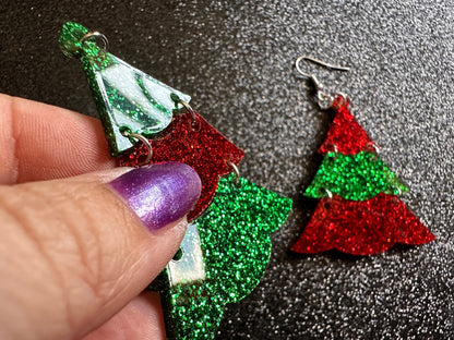 Glittery Christmas Tree Earrings: Laser Cut Acrylic Trees, Green Earrings, Xmas, Winter, Best Gifts for Her/Him/Them