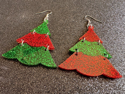 Glittery Christmas Tree Earrings: Laser Cut Acrylic Trees, Green Earrings, Xmas, Winter, Best Gifts for Her/Him/Them