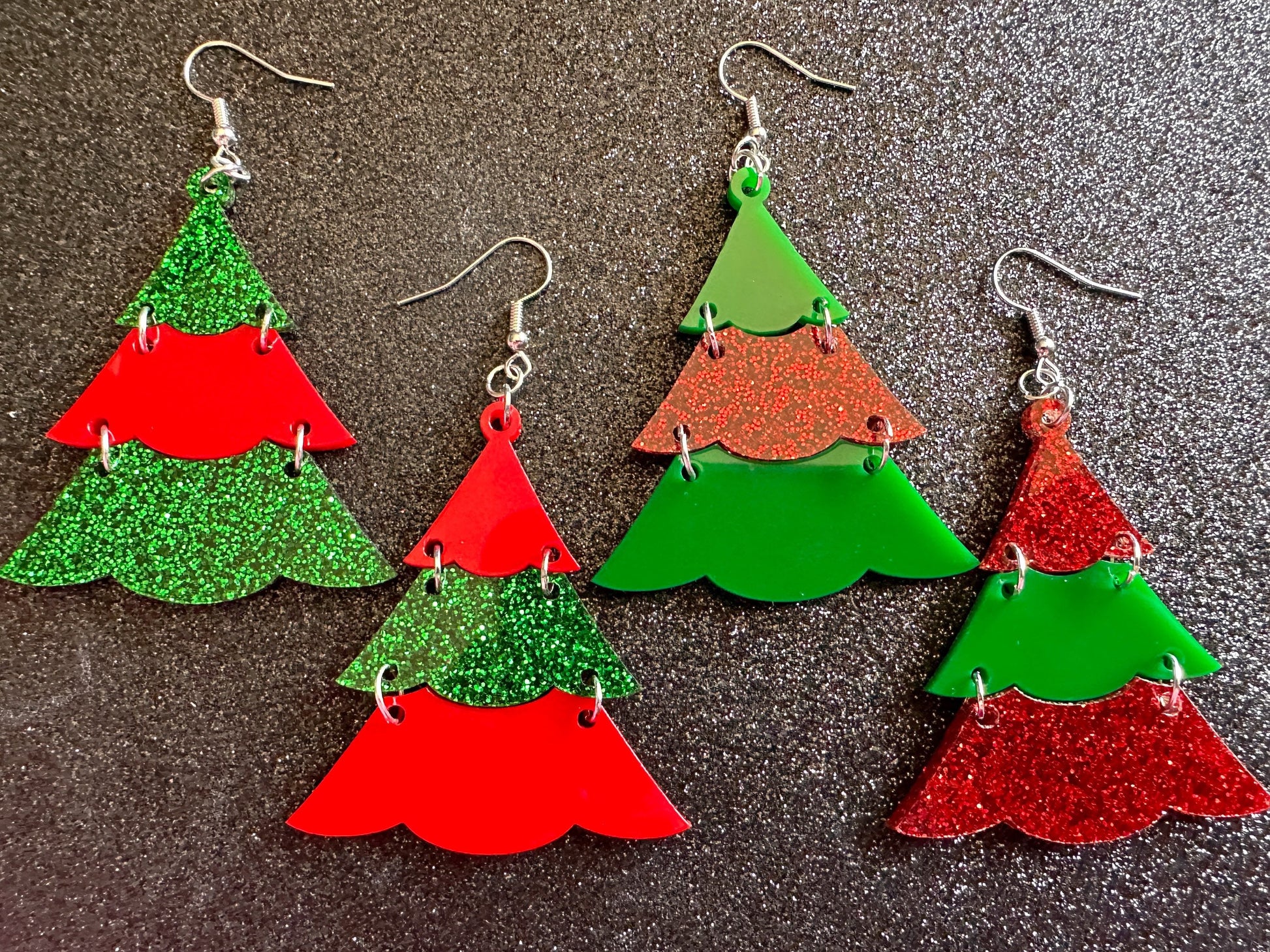 Glittery Christmas Tree Earrings: Laser Cut Acrylic Trees, Green Earrings, Xmas, Winter, Gifts for Her/Him/Them