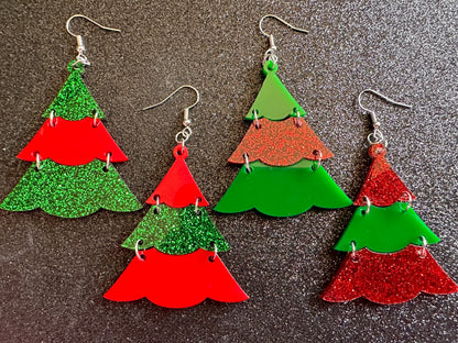 Glittery Christmas Tree Earrings: Laser Cut Acrylic Trees, Green Earrings, Xmas, Winter, Gifts for Her/Him/Them