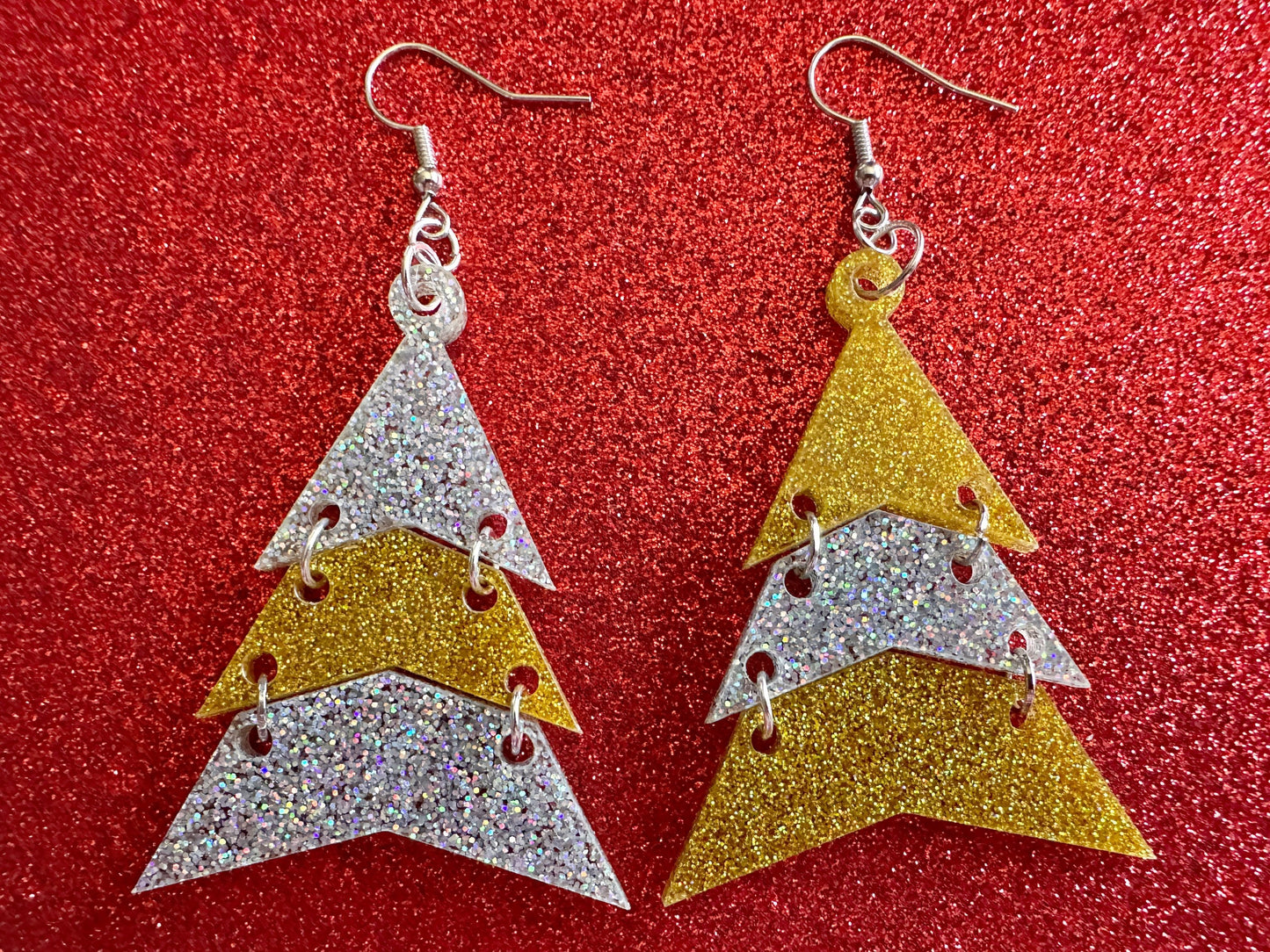Glittery Christmas Tree Earrings: Laser Cut Acrylic Trees, Green Earrings, Xmas, Winter, Gifts for Her/Him/Them