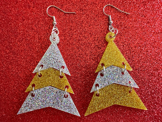 Glittery Christmas Tree Earrings: Laser Cut Acrylic Trees, Green Earrings, Xmas, Winter, Gifts for Her/Him/Them