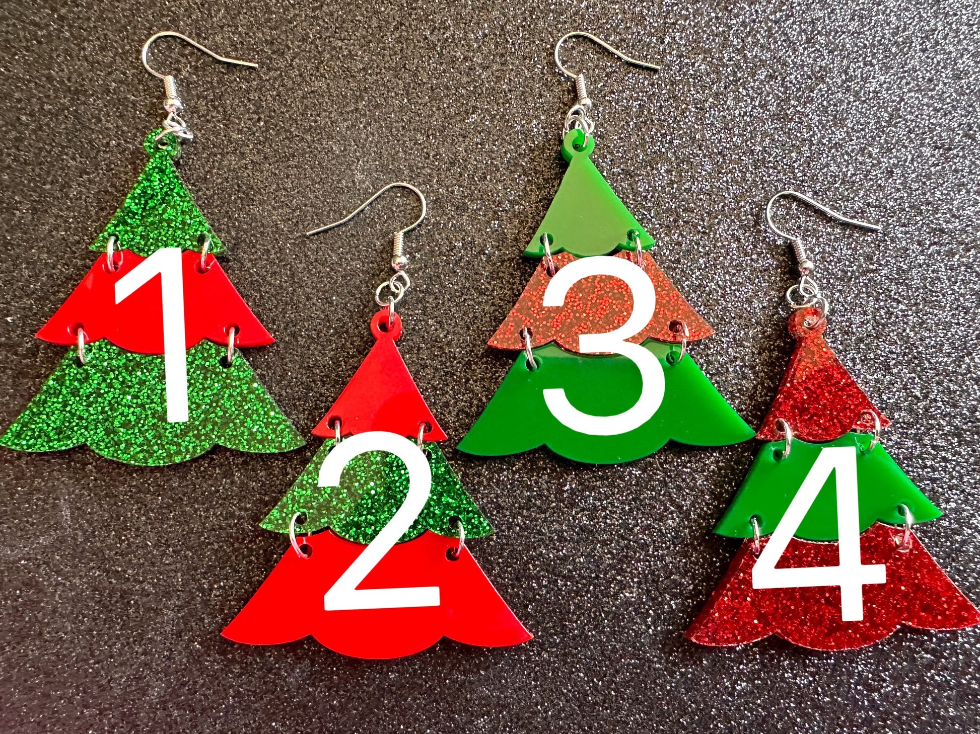 Glittery Christmas Tree Earrings: Laser Cut Acrylic Trees, Green Earrings, Xmas, Winter, Gifts for Her/Him/Them