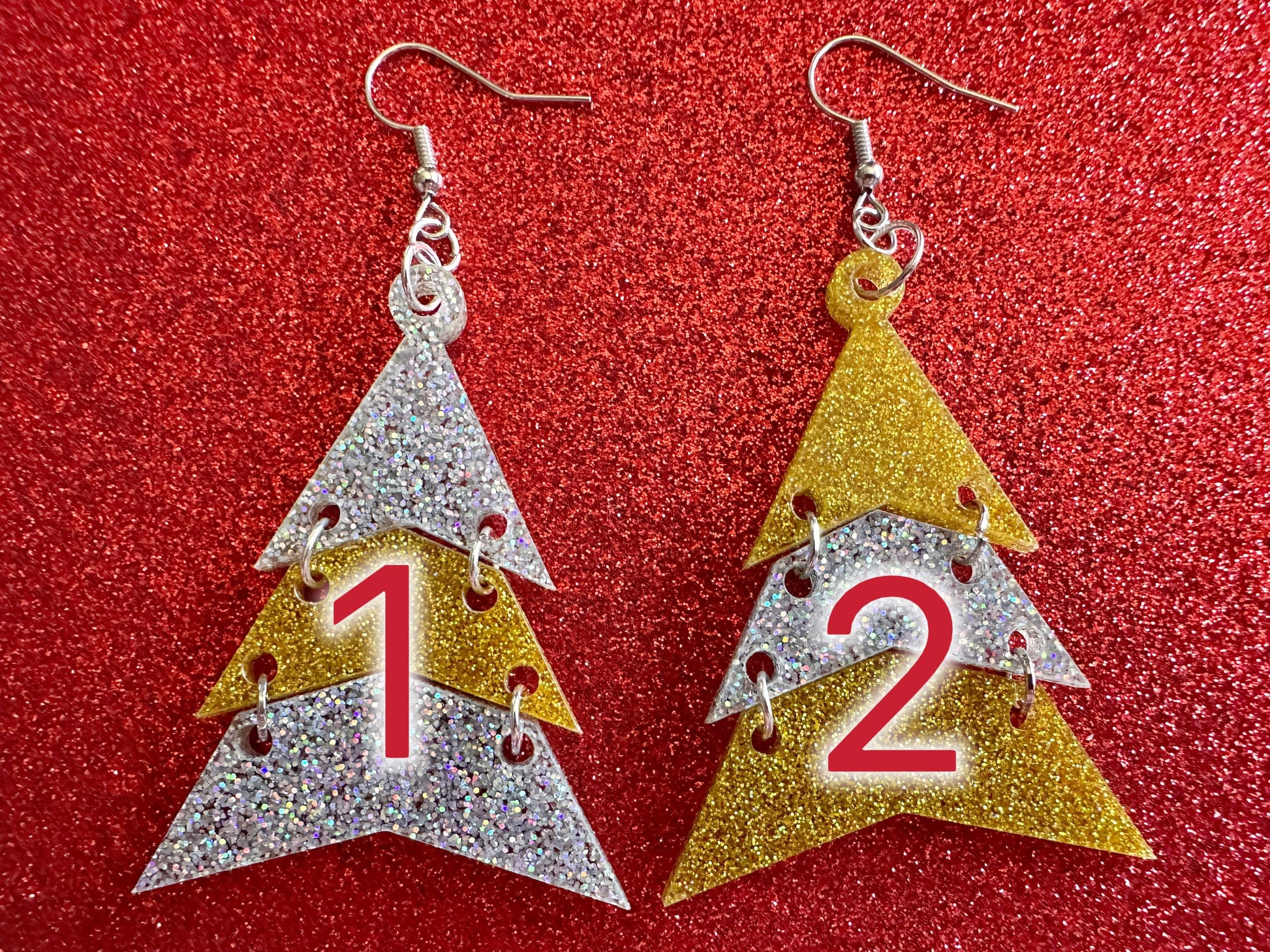 Glittery Christmas Tree Earrings: Laser Cut Acrylic Trees, Green Earrings, Xmas, Winter, Gifts for Her/Him/Them