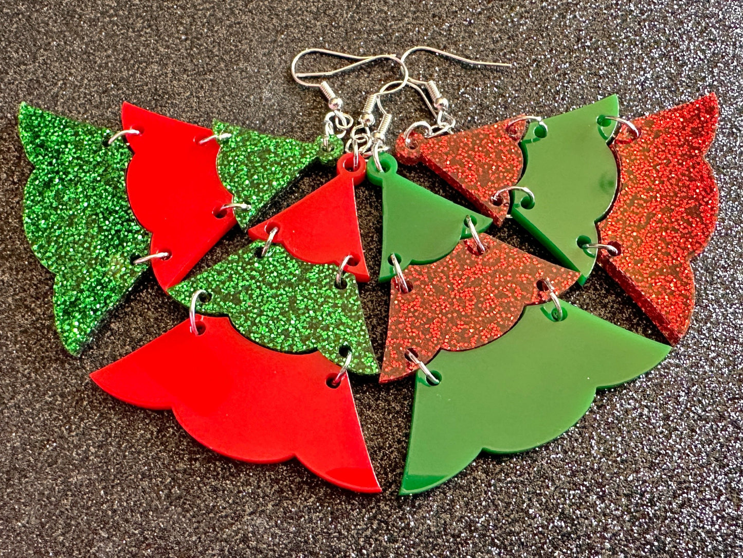 Glittery Christmas Tree Earrings: Laser Cut Acrylic Trees, Green Earrings, Xmas, Winter, Gifts for Her/Him/Them