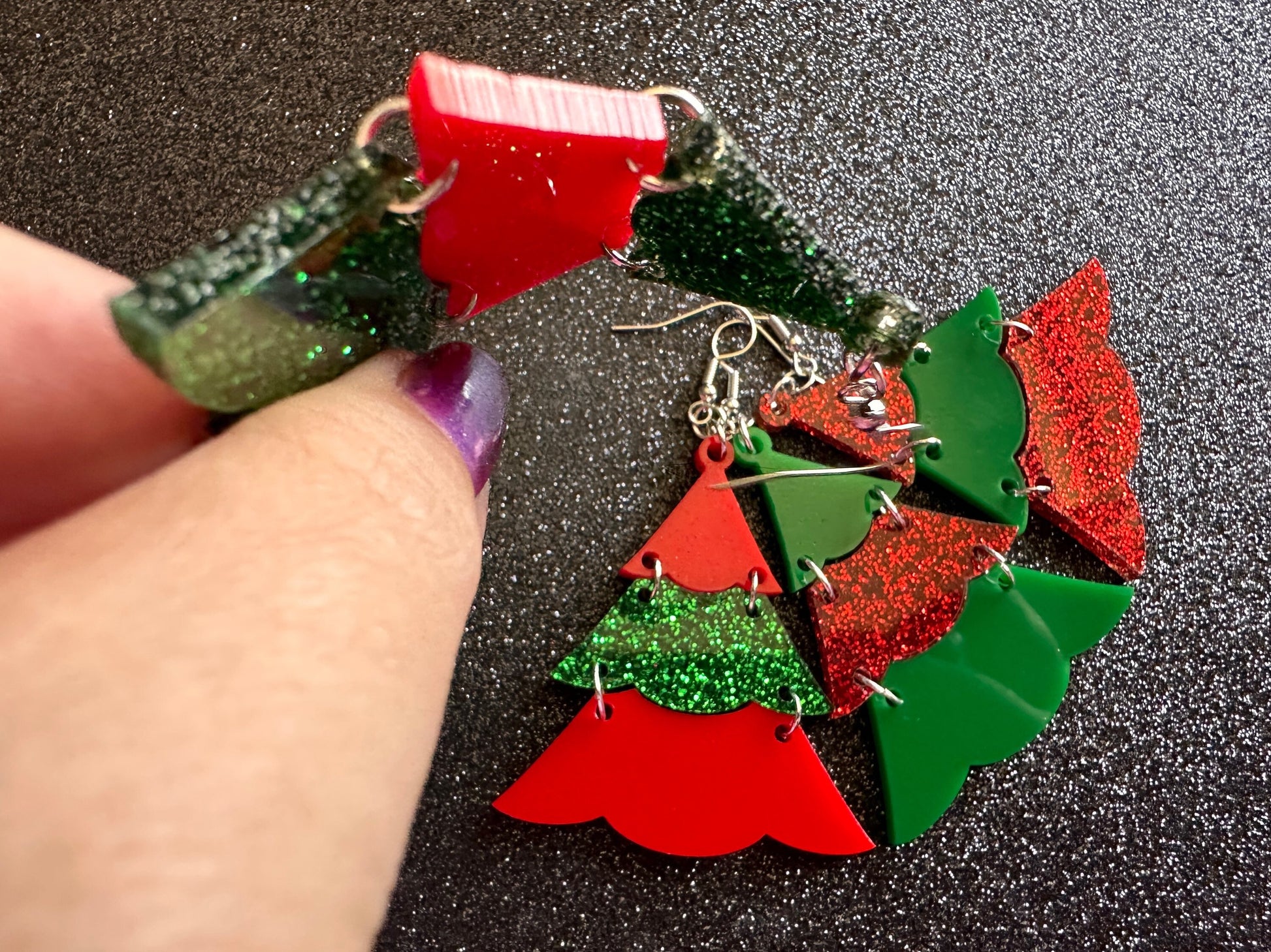 Glittery Christmas Tree Earrings: Laser Cut Acrylic Trees, Green Earrings, Xmas, Winter, Gifts for Her/Him/Them