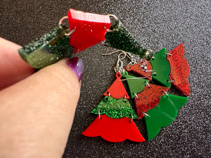 Glittery Christmas Tree Earrings: Laser Cut Acrylic Trees, Green Earrings, Xmas, Winter, Gifts for Her/Him/Them