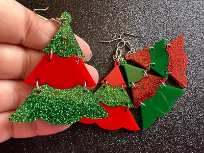 Glittery Christmas Tree Earrings: Laser Cut Acrylic Trees, Green Earrings, Xmas, Winter, Gifts for Her/Him/Them