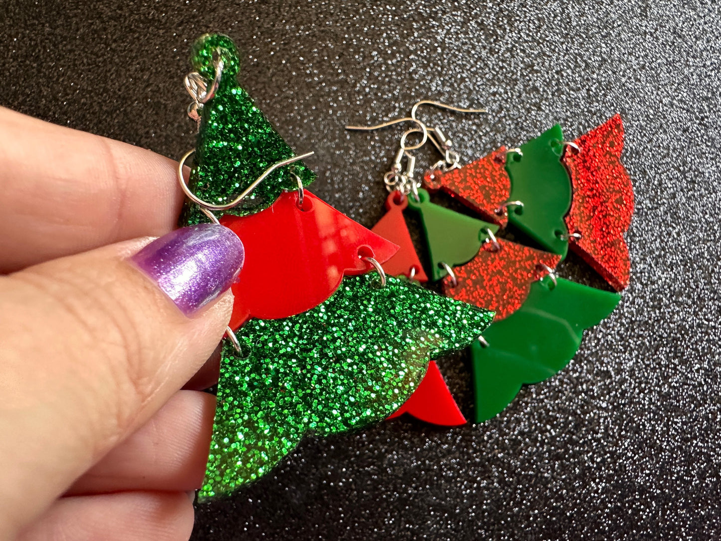 Glittery Christmas Tree Earrings: Laser Cut Acrylic Trees, Green Earrings, Xmas, Winter, Gifts for Her/Him/Them